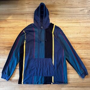 PacSun Mens XL Vertical Stripe Hooded T-Shirt Navy Teal Yellow Colorblock Hoodie